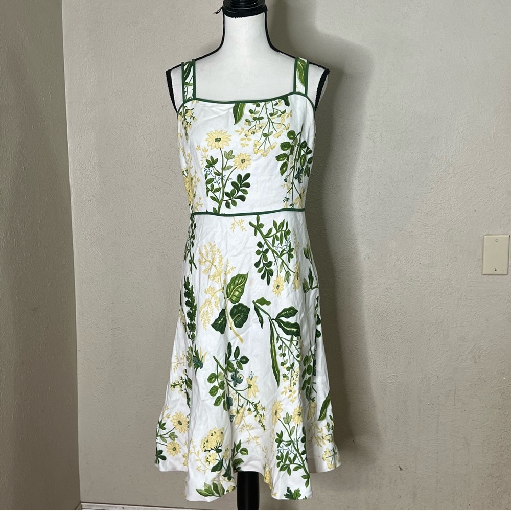 Ann Taylor White Floral Midi Dress with Green and Yellow Print